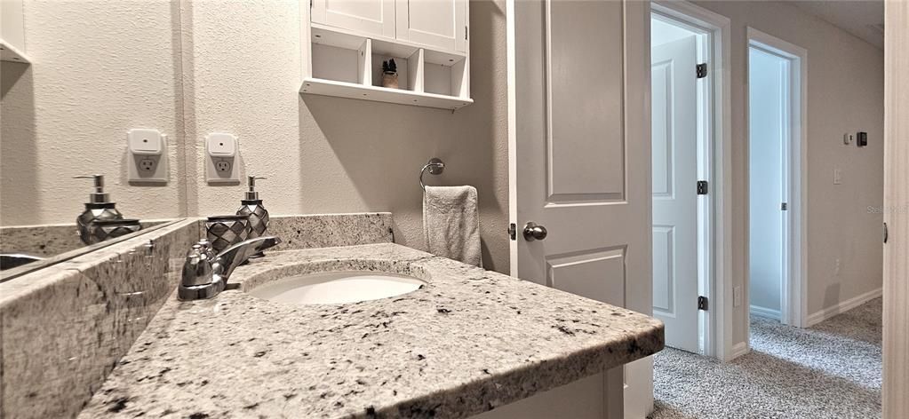 Guest bathroom includes a shower with tub, medicine cabinet, and granite countertops