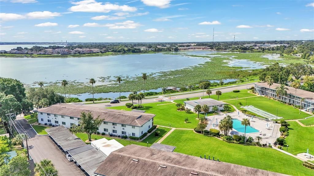 Building and community look out to beautiful Lake Parker