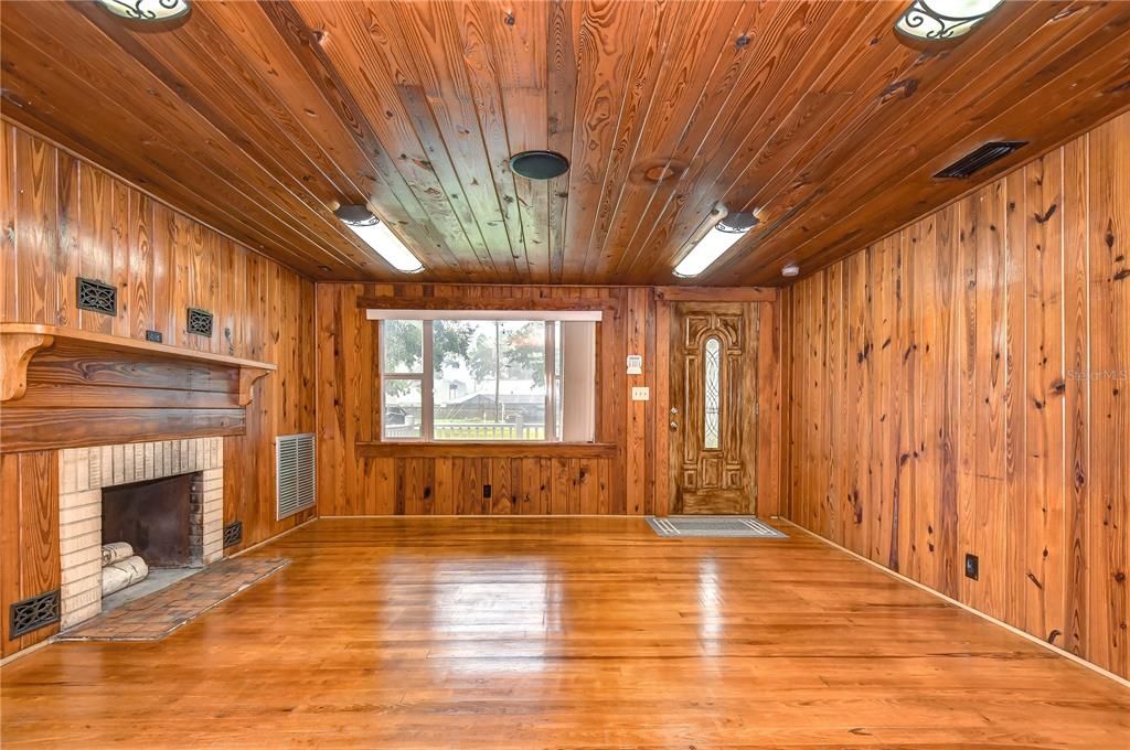 Living room with decorative fireplace!