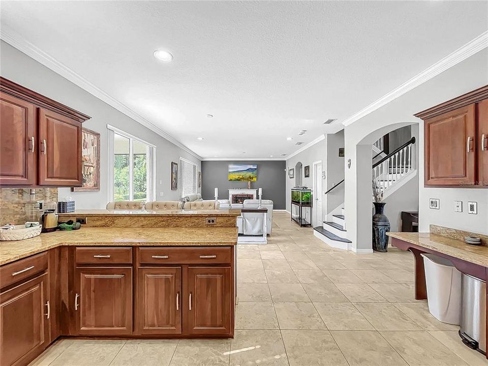 The large gourmet kitchen has plenty of counter space and cabinets.  A large pantry and opens up to the family room.  Perfect for entertaining.