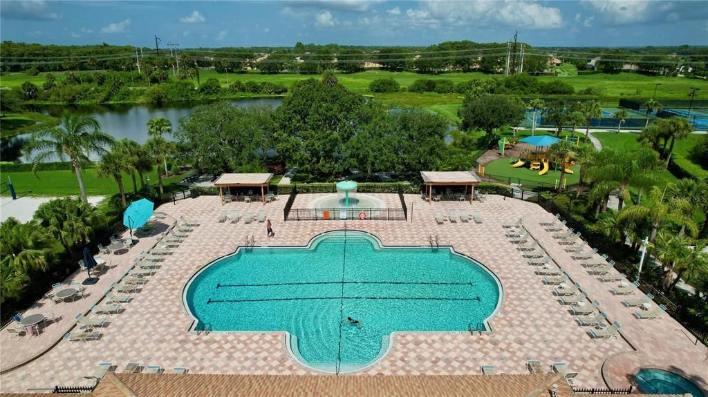 Two community pools one is Olympic size with an additional children's pool area and playground.  Other amenities include; fitness center, Clubhouse, Dog Park, Fitness Center, Playground,  Restaurant, Tennis Courts, corn hole, volleyball,shuffleboard and more.