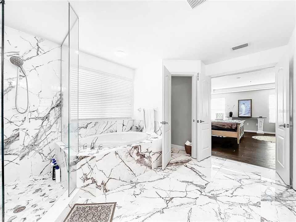 The master bathroom has been remodeled with European flair. Dual sinks with granite counters.  Mosaic flooring and tile in the bathroom. There are also two extra large walk-in closets.