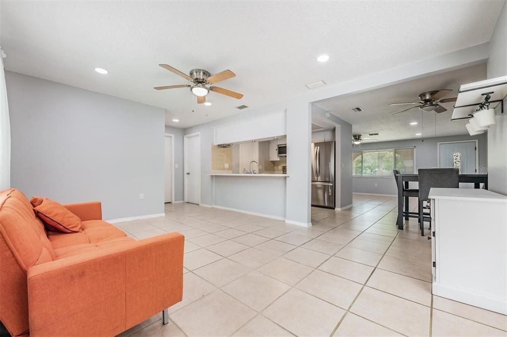 View of living spaces from the family room