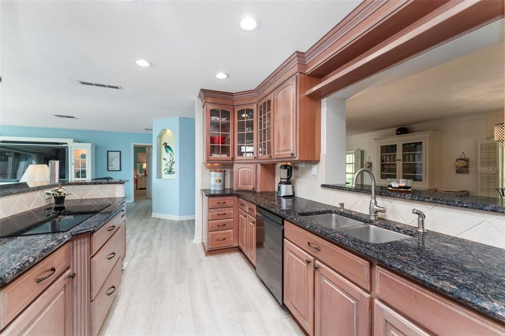 Kitchen with granite countertops.