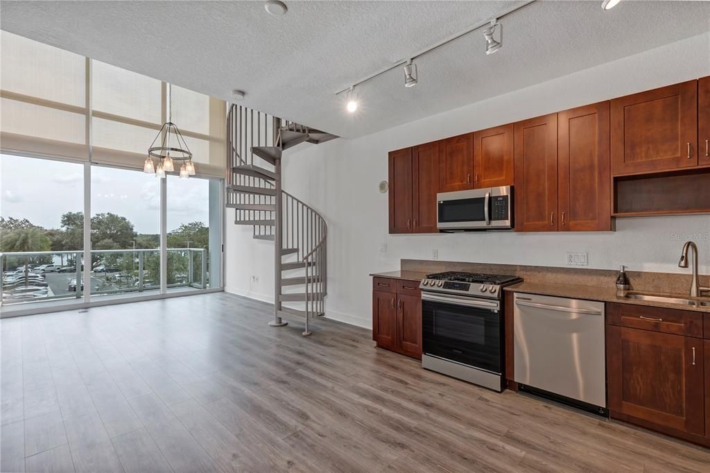 Open-concept kitchen, family and dining area