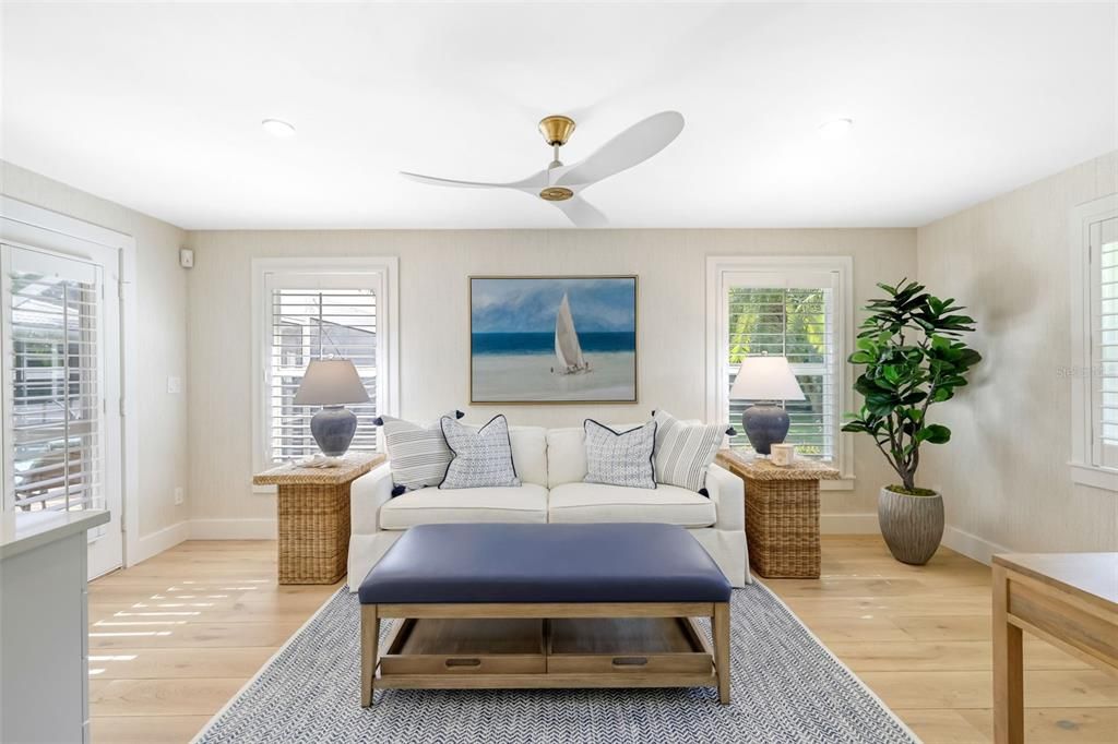 Casita living area showcasing Whiteoak hardwood floors continued from main home area