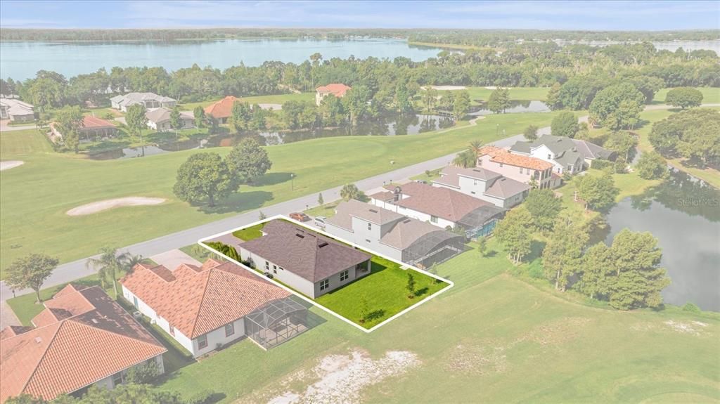 Property outline from the rear of the house showing golf course in front and behind house with Lake Beauclair in view