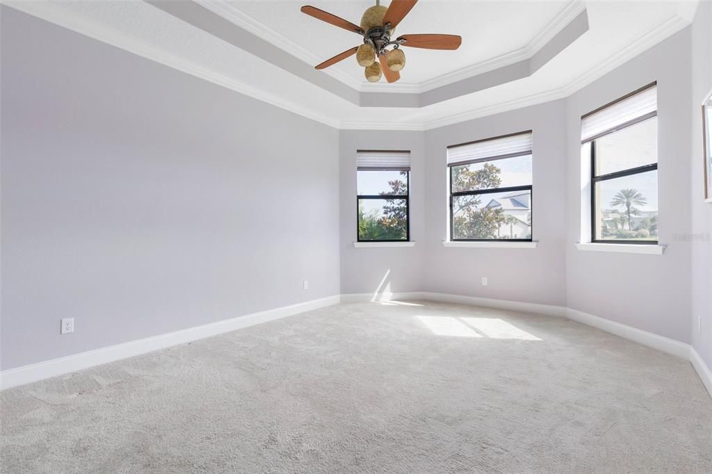 Primary bedroom with lots of windows and tray ceilings