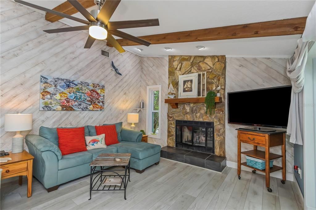 Relaxing Family Room with Diagonal Shiplap