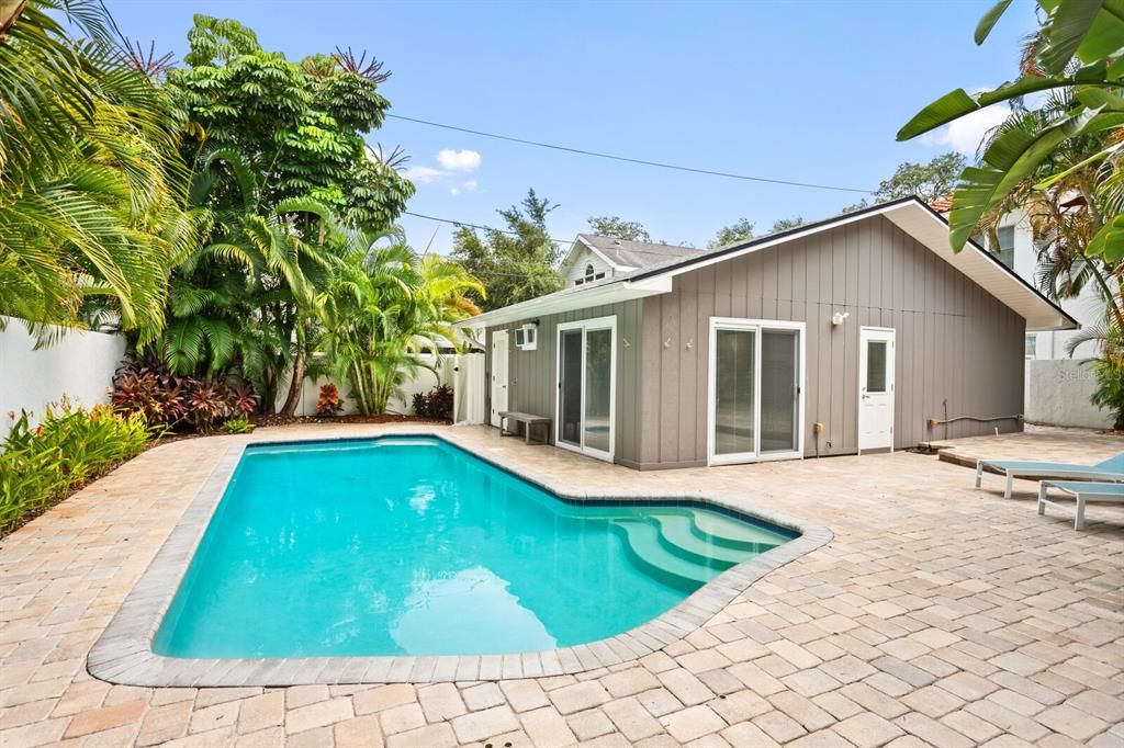 Large backyard with the saltwater pool, outdoor shower and excellent space for entertaining.