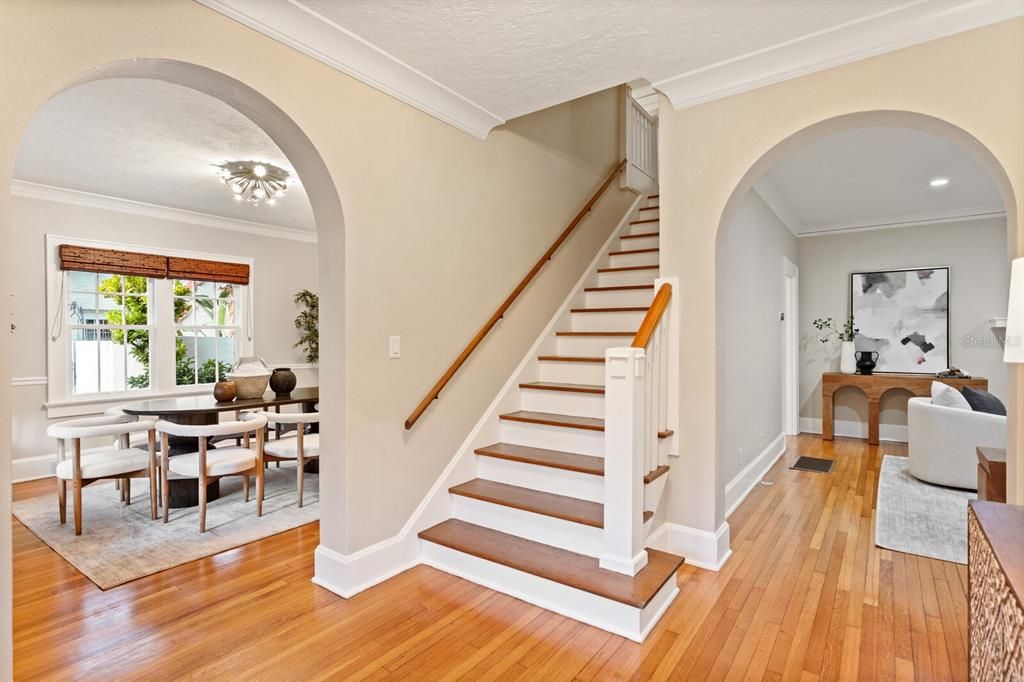 Entering from the front door, you have the living room to the right and dining room to the left.