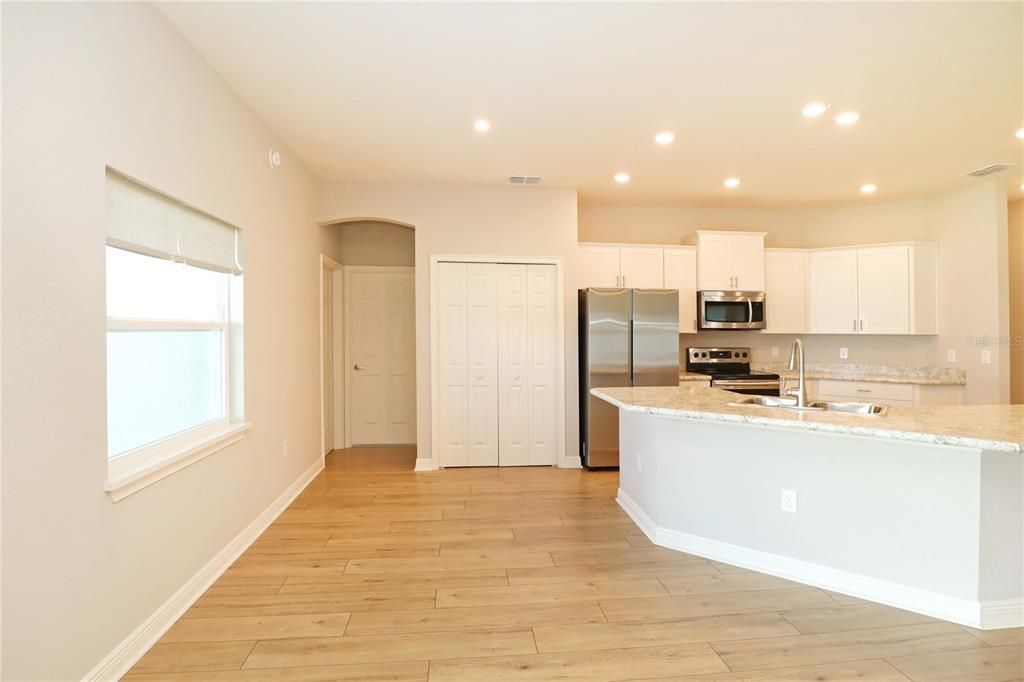 kitchen opens to family room