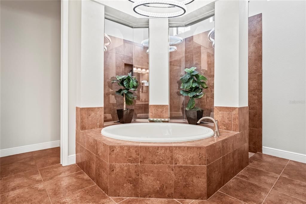 Primary Bathroom SOaker Tub. with a walk in Custom Shower behind.