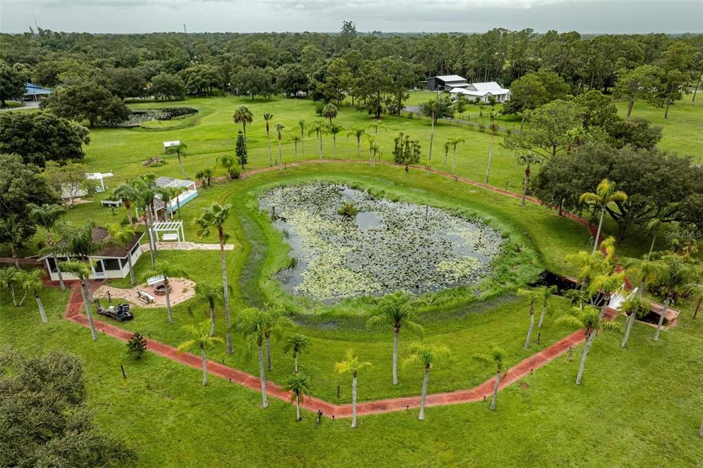 Pond lined with lights trees, and paved walkway