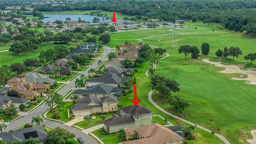 The bottom arrow is the home and the top arrow is the clubhouse.  The convenience of being near clubhouse, pool and tennis courts is priceless.