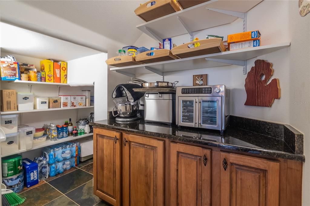 Extra large pantry with plenty under the stair storage in back.