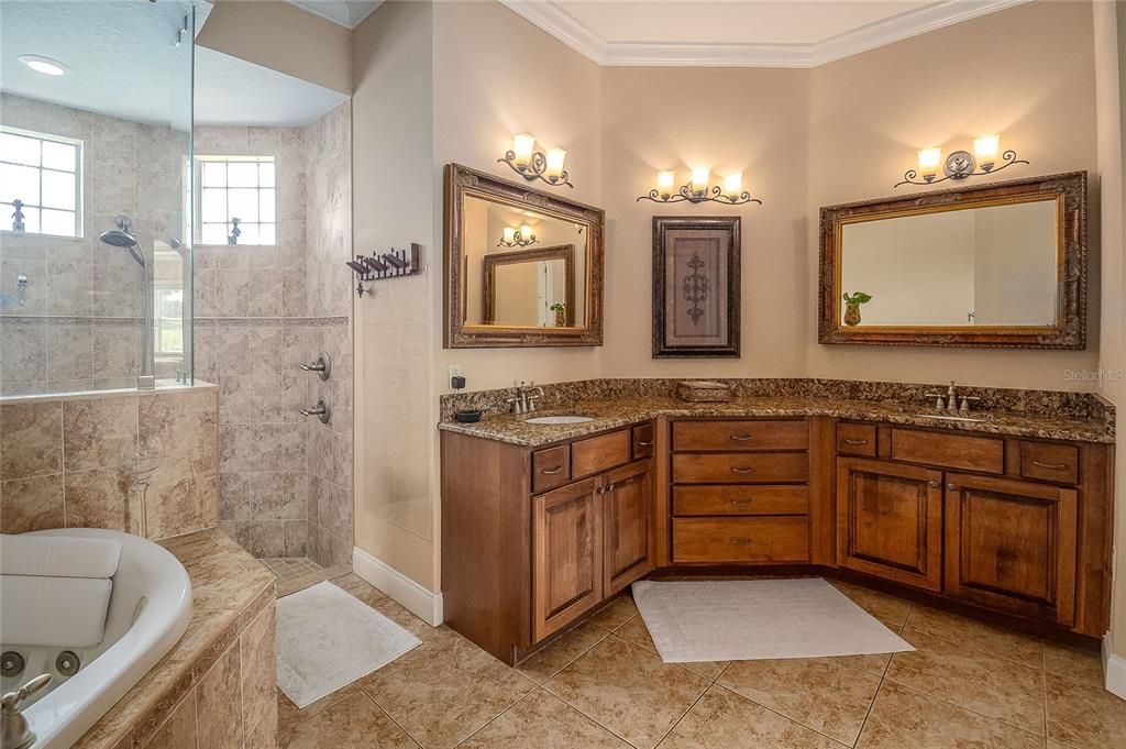 Very spacious primary bathroom.  The shower is a large 2 person shower and the tub is a soaking tub for 2 as well.