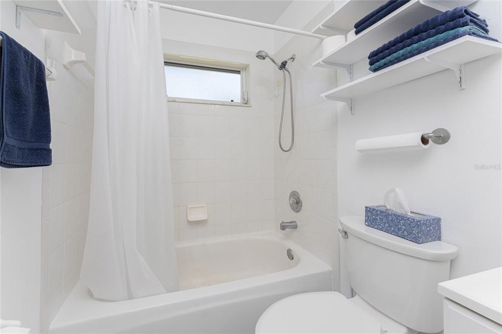 Guest bathroom has a combo tub/shower.