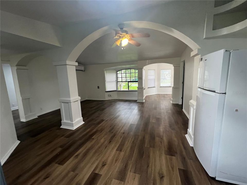 Kitchen, living room and foyer.