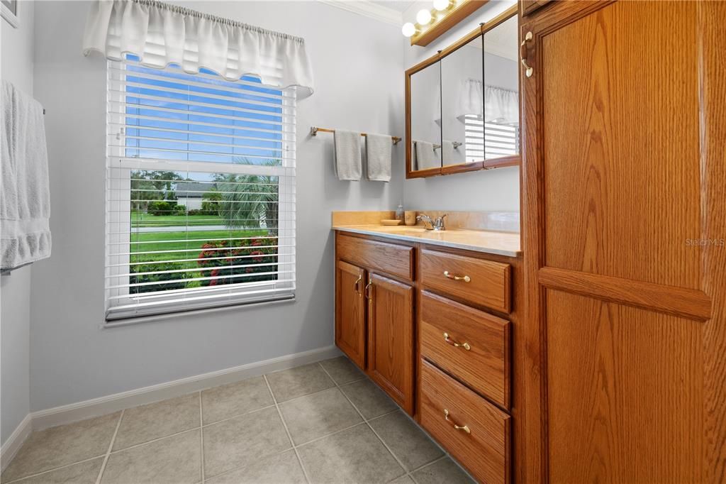 THE PRIMARY VANITY AREA HAS AN ABUNDANCE OF CABINTERY AND SINGLE SINK.