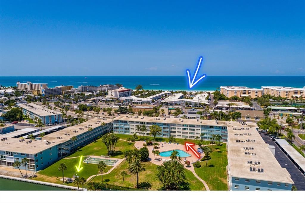 Grilling area, unit (red arrow) & the beach on the Gulf of Mexico.