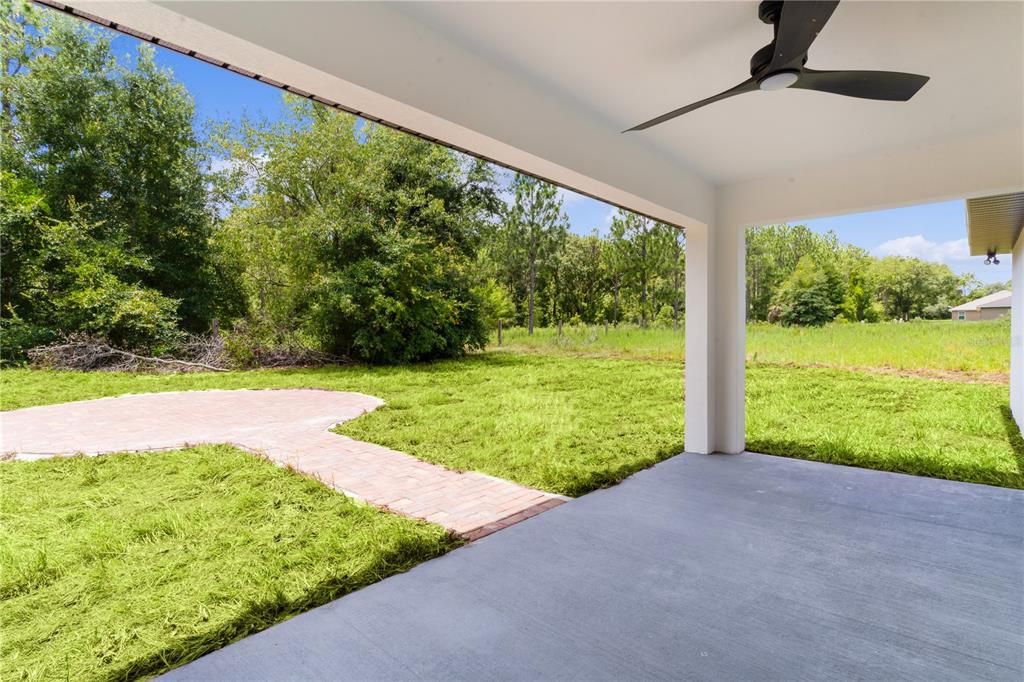 Looking from the lanai at the brick paver fire pit area