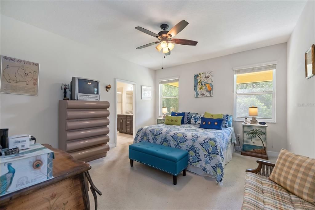 Primary bedroom with ceiling fan and carpet flooring with two large windows bringing in plenty of natural light