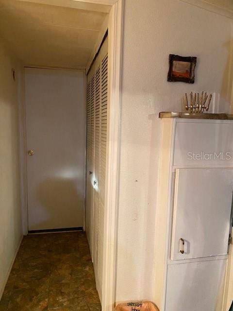 hall from dining room to Primary bedroom with Large Linen closet on the right