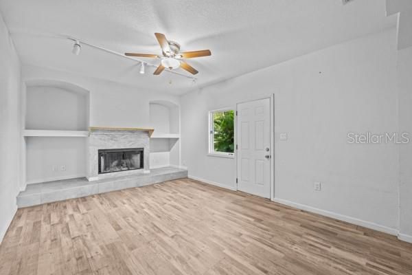 Family Room has built in shelves and Exterior access door