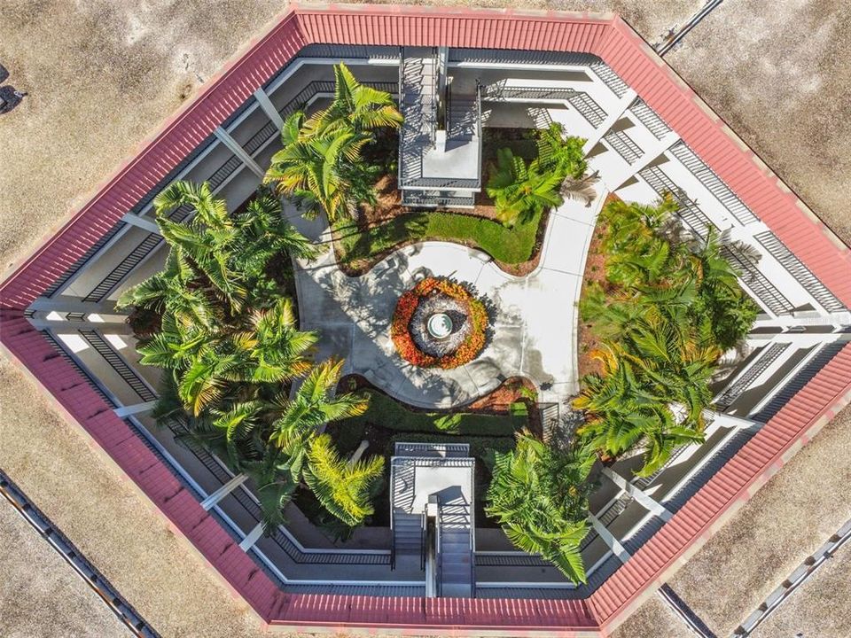 Aerial view of building's courtyard.