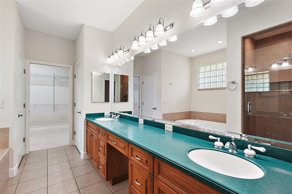 Primary en-suite bathroom with dual sinks, makeup counter, soaking tub and separate shower