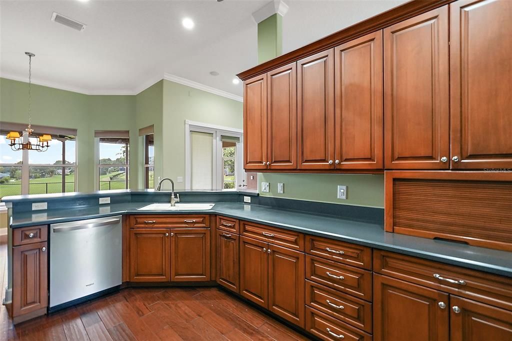 Kitchen has beautiful backyard views