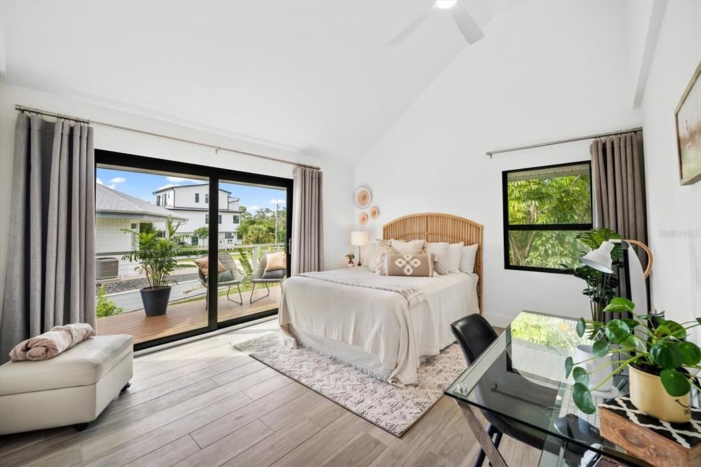 "Sunset" Bedroom with deck access, Vaulted Ceilings and Closet Built-ins