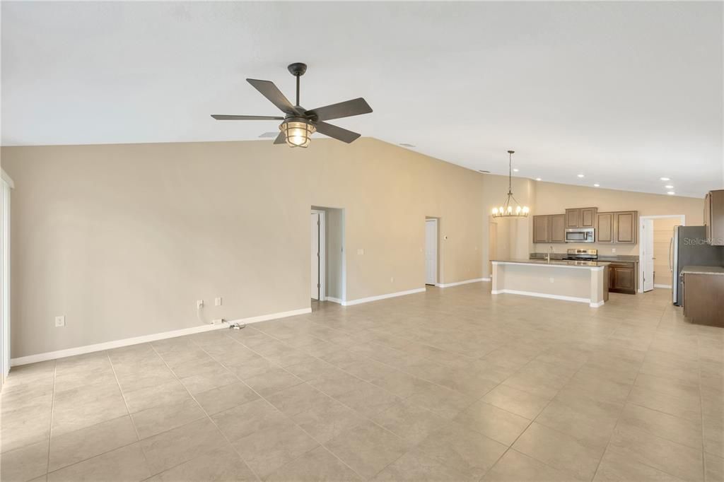 Family room area of great room is 29' x 19' with cathedral ceiling and ceiling fan.