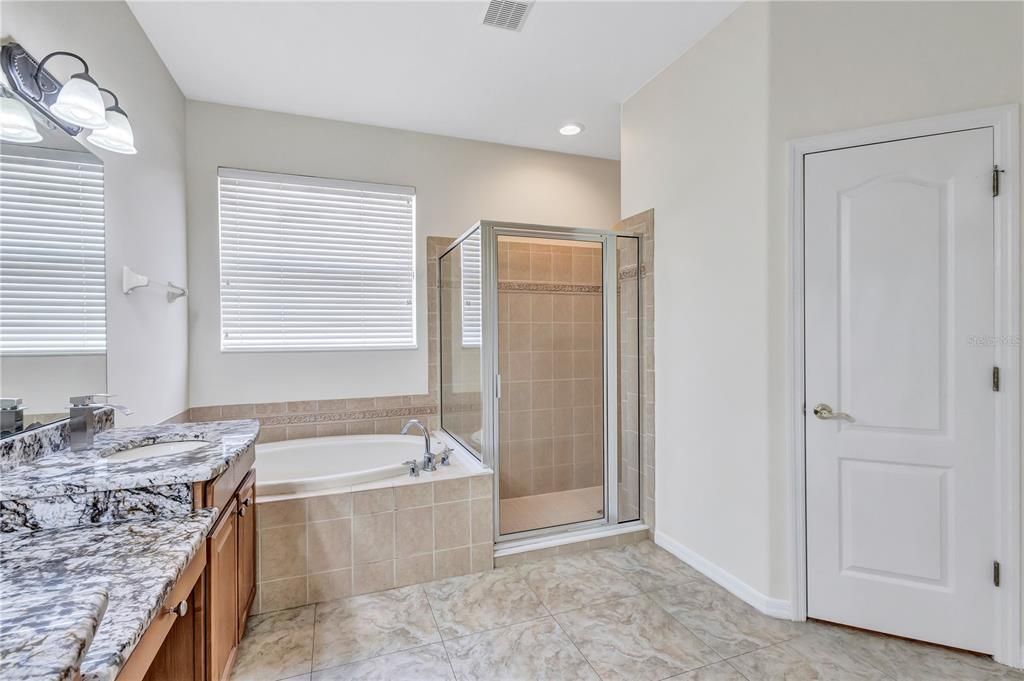 Ensuite primary bathroom with shower and separate bath