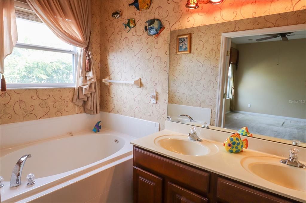 The primary bathroom soaking tub.