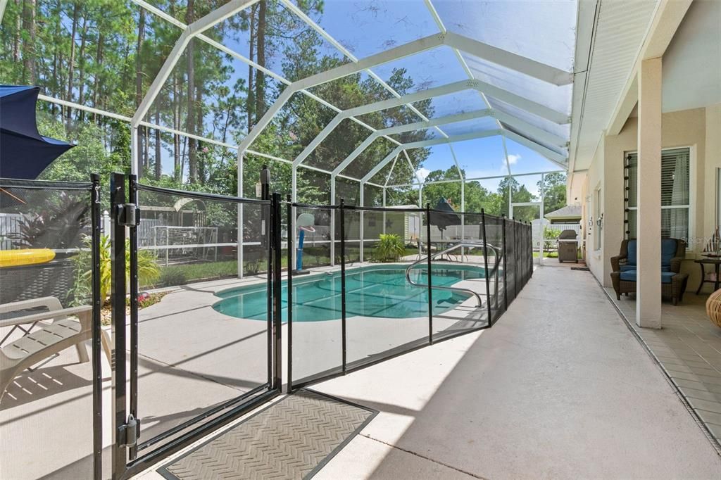 Screened in lanai and pool with removable child safety barriers.