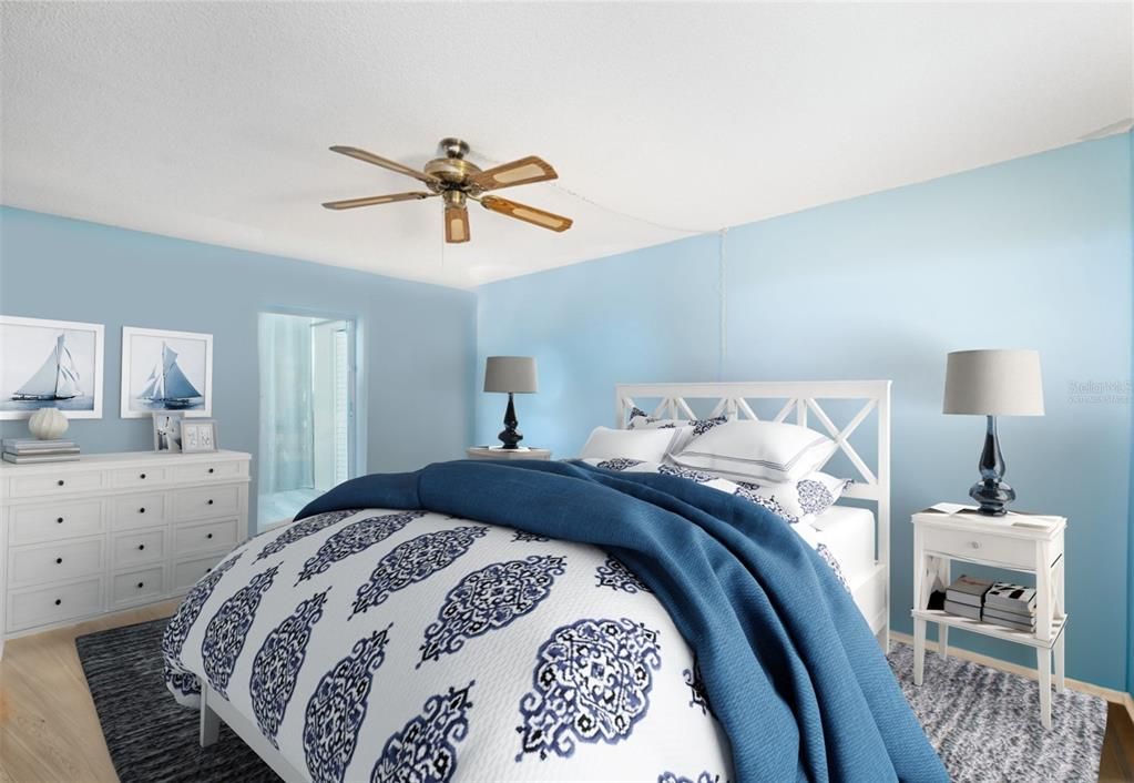 This primary bedroom is virtually staged. As you enter, the spacious walk in closet is on the right. To the left is the primary bathroom & entrance to the bonus room.