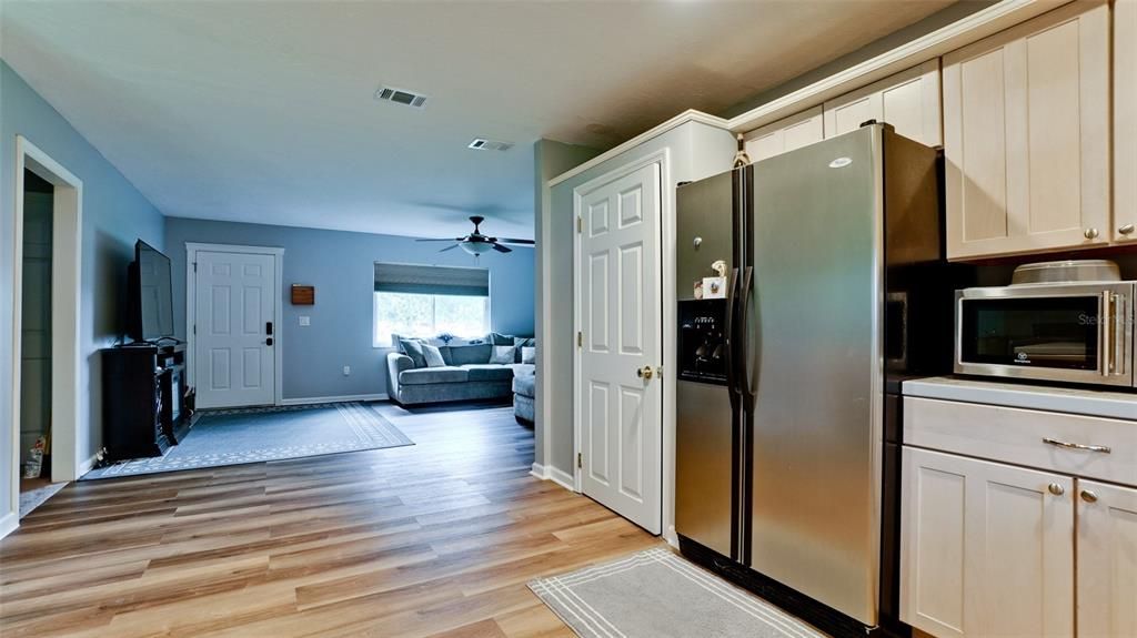 kitchen overlooking living area