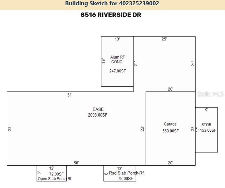 County Assessor's "Building Sketch" with approximate dimensions. Total interior space is 2,093 sq. ft.  Garage is 20x28 ft. and adjacent storage is 9x17 ft.