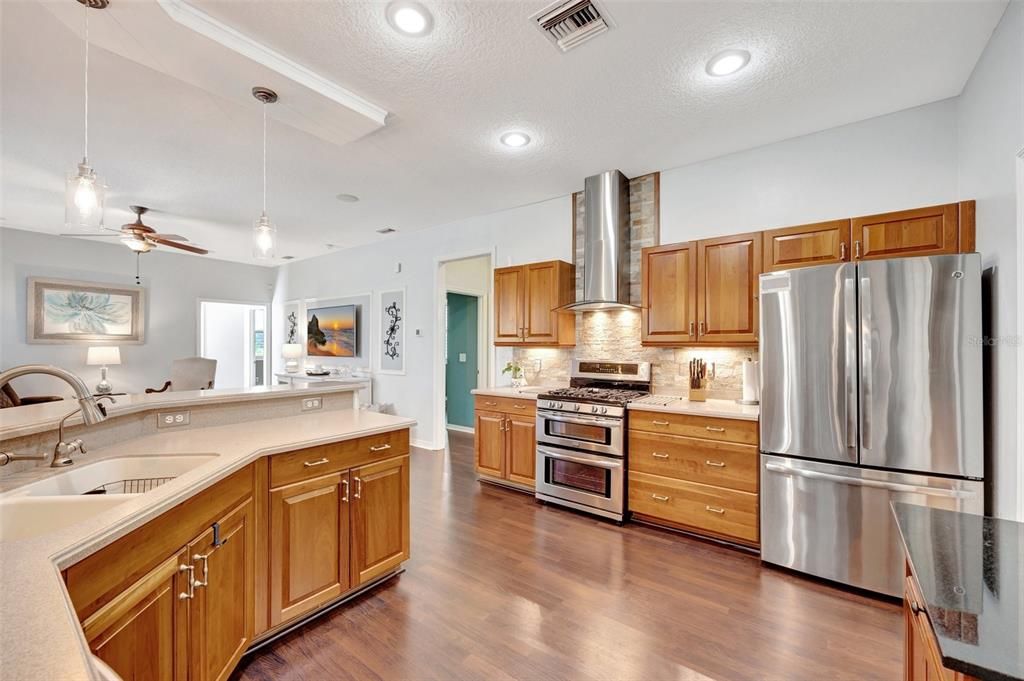 Gas stove, double oven, stainless appliances is a perfect entertainers kitchen