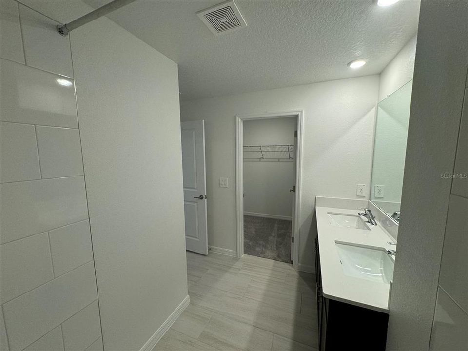 Primary bathroom looking into walk in closet