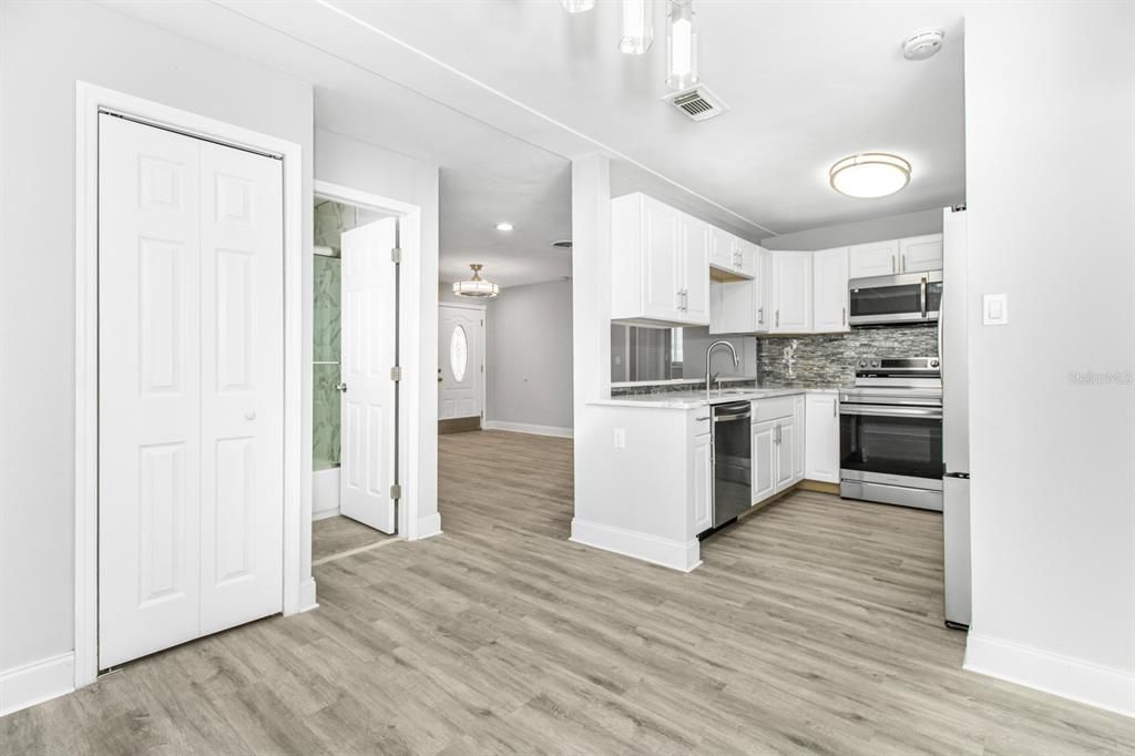 View from dining room area into kitchen