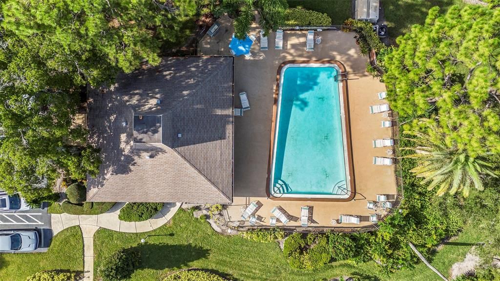 Drone Picture of the clubhouse and pool area