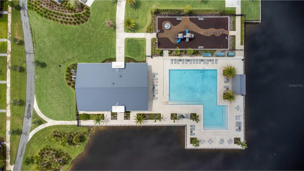 Pool, clubhouse, playground ariel view