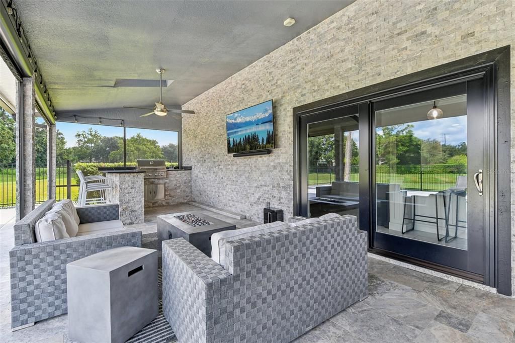 Sliding doors lead into the kitchen