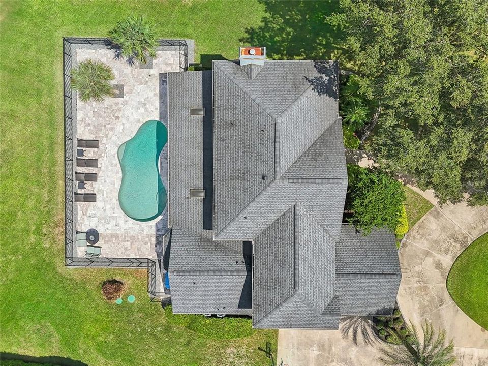 Overhead view of the home and pool