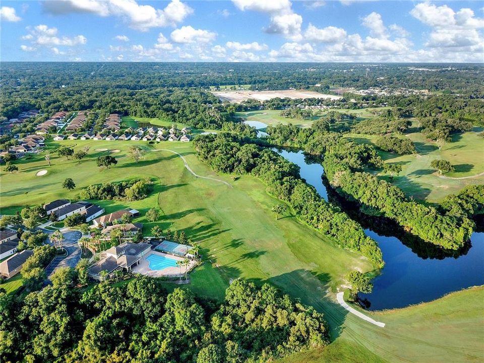 Aerial shot of the amenity center and golf course.