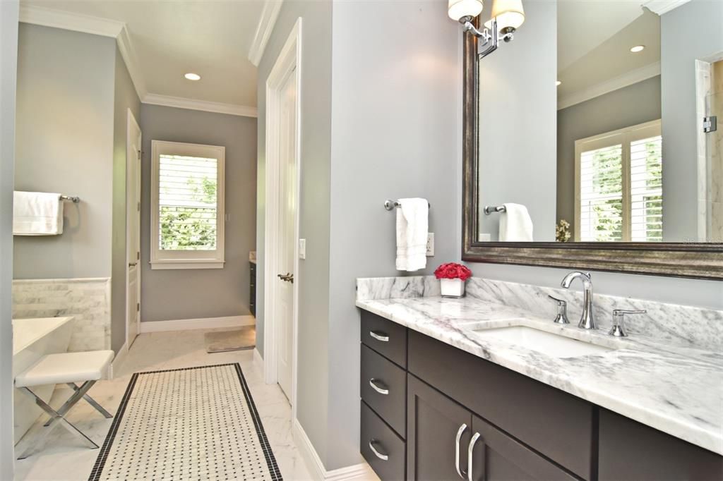 Primary bathroom with 2 separate vanities with quartzite countertops, large walk-in closet, soaking tub, water closet, and separate frameless glass shower stall