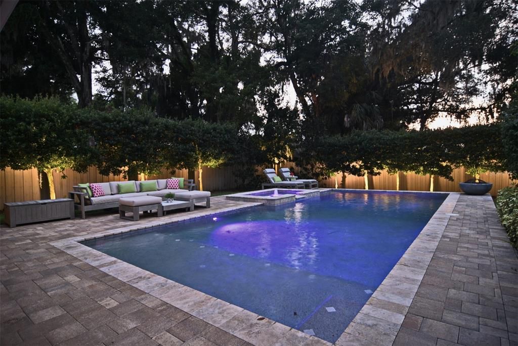 Pool at night, with blue pool lights